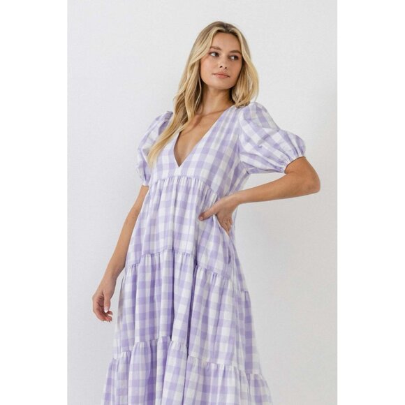 English Factory Tuckernuck Gingham Puff Sleeve Tiered Midi Dress Purple White XS - Picture 1 of 9